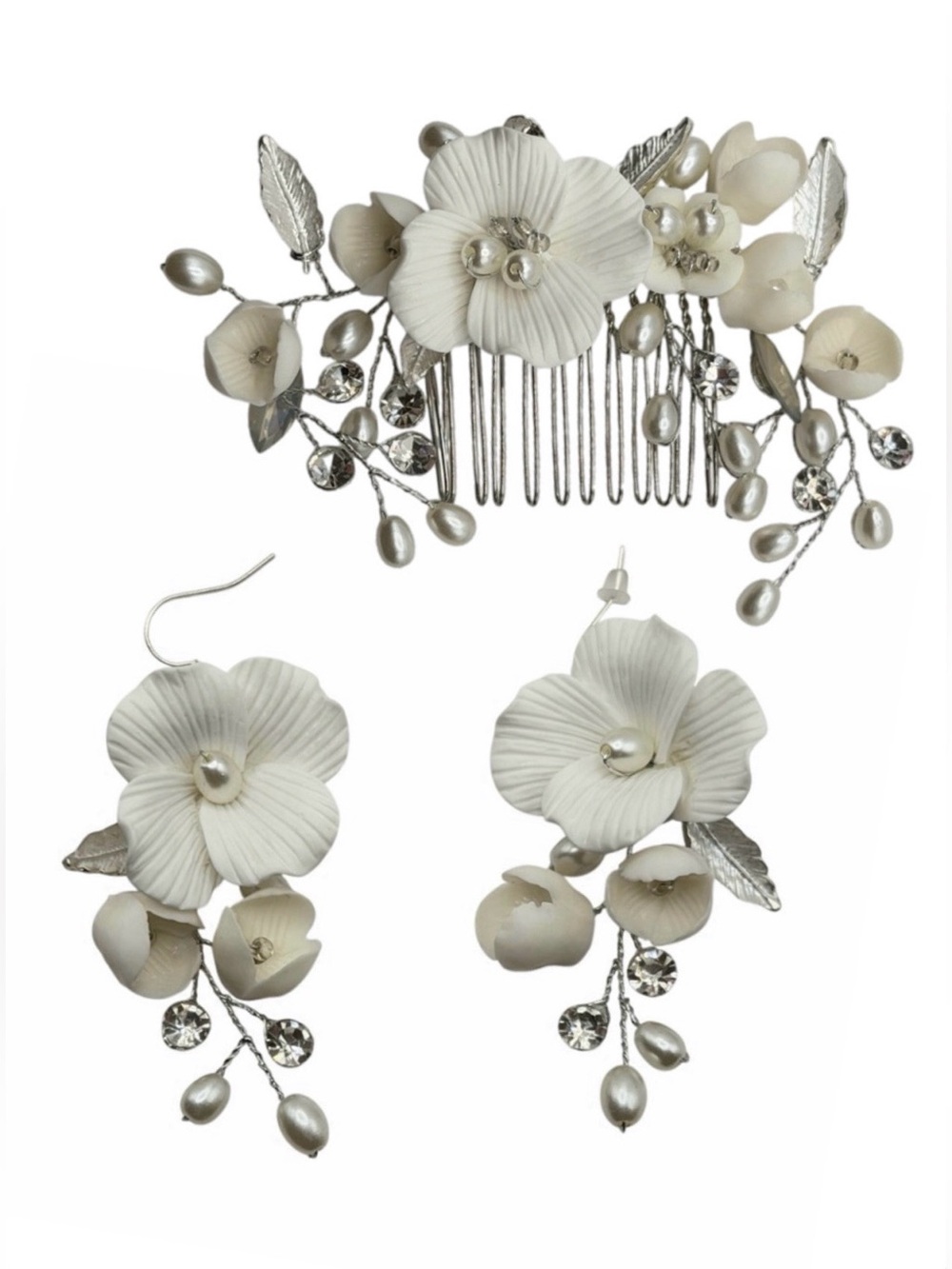 White Floral Ceramic Bridal Earrings & Hair Accessory Set Wedding Cottagecore